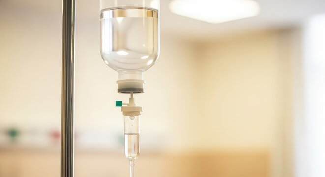 Close-up of intravenous drip bag and tubing hanging from a metal pole in a hospital room