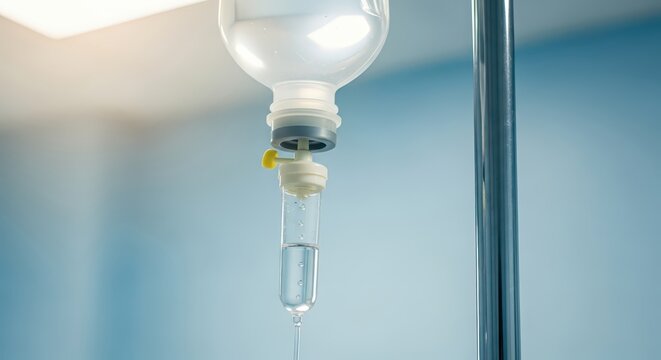 Close-up of IV drip bag and pole in a hospital room, fluid dripping, medical treatment concept