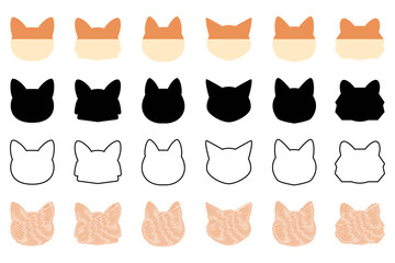 Set of minimalist animal character head designs featuring various stylized feline faces in diverse graphic styles and simple shapes.