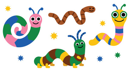 Naklejka premium Colorful cartoon caterpillars and stars on white background.