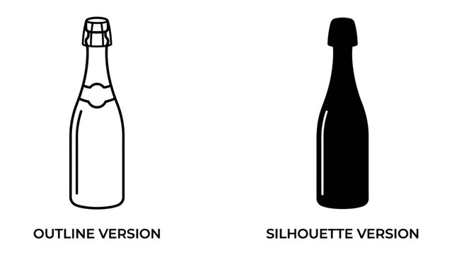 Champagne Bottle Icons: A graphic representation showcasing two distinct styles of a champagne bottle - one as a clean outline and the other as a bold silhouette, perfect for celebratory designs.