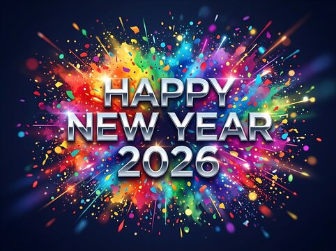 Vibrant colorful explosion with happy new year 2026 text celebration design for festive occasions