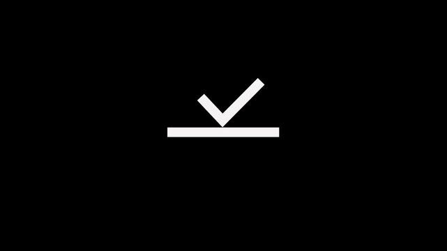 Minimalist white check mark icon showing a simple box shape for task completion and success feedback isolated on a solid black background for user interface design and web development