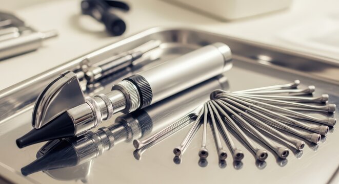 Close-up of medical examination tools, including an otoscope and specula, neatly arranged on a sterile tray in a clinic setting.