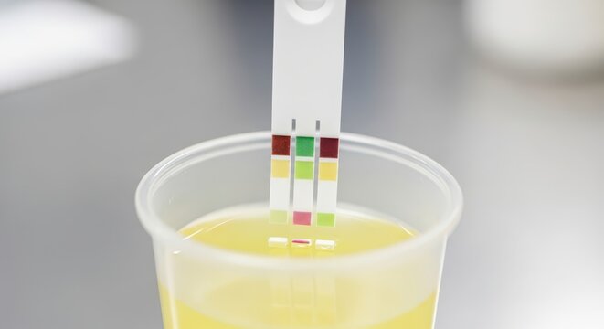Close-up of urine test strip dipped in specimen cup, showing color reactions for medical diagnostic analysis