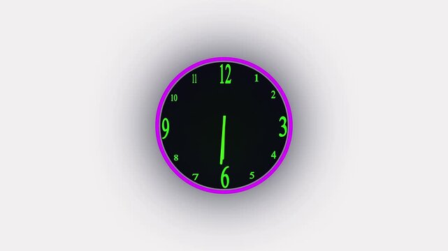 Black round wall clock with glowing green numbers and hands showing time isolated on a simple plain background for modern design concepts and business productivity planning visuals