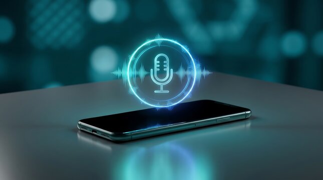 Glowing digital microphone icon with sound waves hovering above modern smartphone screen representing voice recognition technology and audio recording software concepts in dark environment