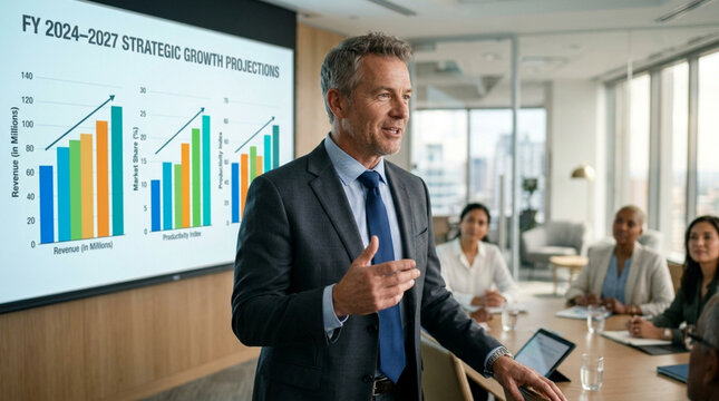 Businessman Presents Strategic Growth Projections on Screen in Modern Office