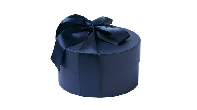 Dark blue round gift box with satin ribbon bow