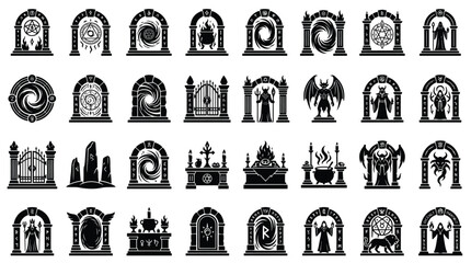 Set of 32 black and white fantasy occult icons featuring mystical magic portals, stone arches with runes, ritual altars, demonic figures, and ancient gateways for game development. © VectorSuka