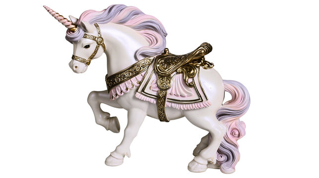 White unicorn figurine with pink and purple mane and tail, ornate gold and pink saddle