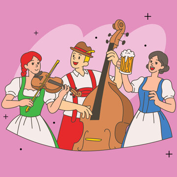 Bavarian Musicians and Beer Toast Illustration