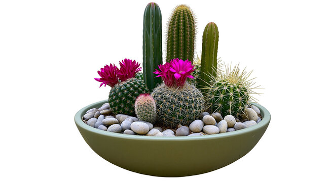 Assorted Cacti with Pink Flowers in a Bowl