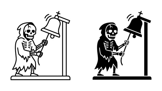Grim Reaper Ringing Bell: An illustration depicting the Grim Reaper, personification of death, ringing a large bell on a stand, symbolizing an announcement of an event or transition.