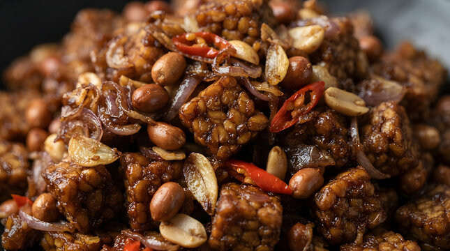 Focus shot of kering tempeh from Indonesia, Southeast Asia features dried bean curds, red chili cuts, and nuts. Indonesian side dish, Asian menu, Indonesian restaurant, crunchy food assets