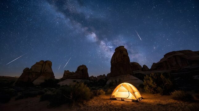 Glowing tent under the Milky Way and meteor shower in the desert.