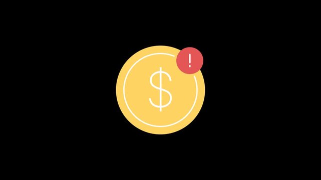 Gold Dollar Coin with Exclamation Alert Badge. financial alerts, payment warnings, or price notifications. 2D animation with 4K resolution and alpha channel.