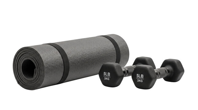 Black yoga mat and two 5lb dumbbells, fitness equipment for home workout, professional gym accessories for strength training and pilates isolated PNG with Transparent Background