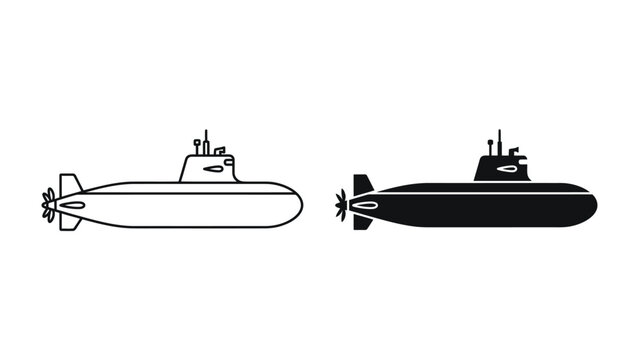 Submarine Silhouette: A graphic representation showcasing a submarine in both outline and solid black form, highlighting its distinct shape and powerful presence on the water.