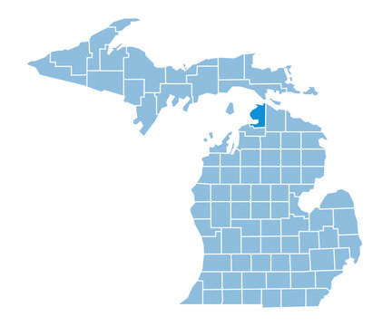 Michigan Map with Emmet County Highlighted in Green Color Vector Illustration