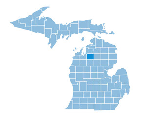 Fototapeta premium Michigan Map with Kalkaska County Highlighted in Green Color Vector Illustration