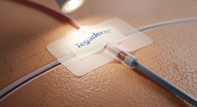 Close-up of medical tubing and transparent dressing on skin, illuminated by surgical light
