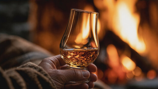 Close-up of a hand holding a glass of scotch whisky in front of a warm cozy fireplace