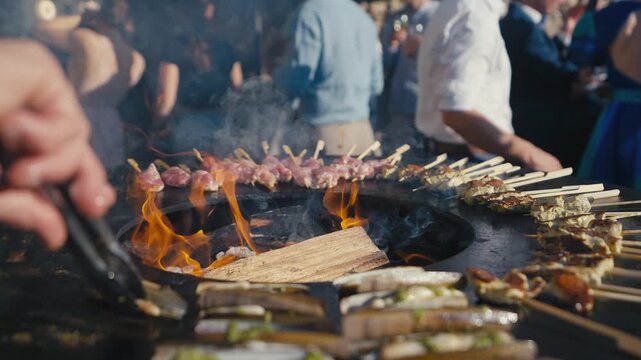 Meat Skewers Cooking on Outdoor Fire Pit Grill