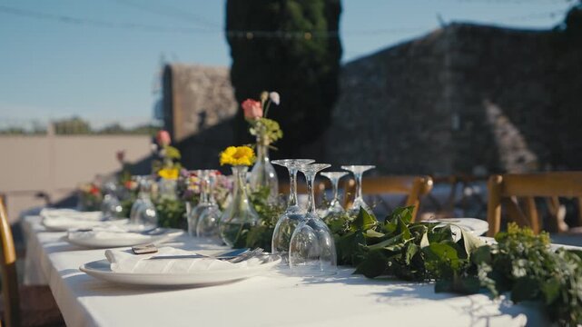 Outdoor Wedding Dinner Table with Floral Decorations