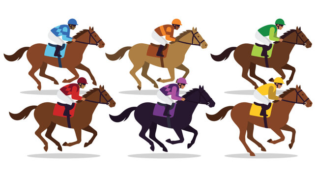 Flat design jockeys racing horses on white background for sports betting and derby concepts.