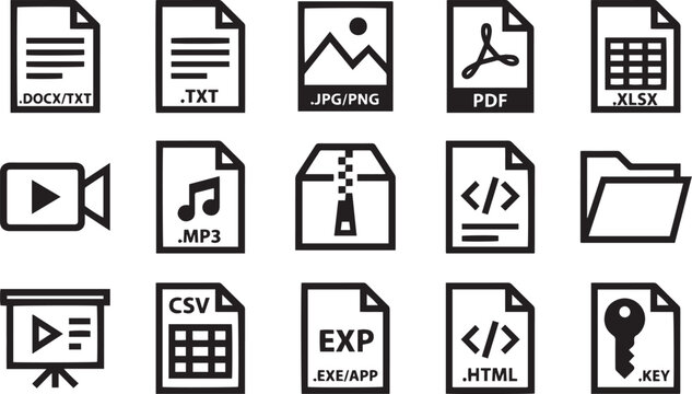 A collection of various computer file format icons representing different data types and digital documents for user interface design