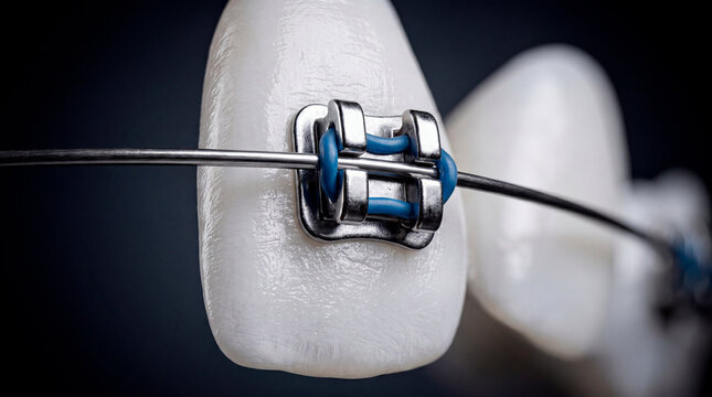 Extreme Macro Shot of a Metal Orthodontic Bracket on a White Human Tooth with Blue Elastic Rubber Band Against a Dark Background