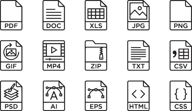 Set of fifteen common file format icons representing various document image video and web development file types