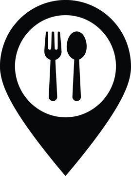 Minimalist vector graphic illustration featuring a black dining location pin symbol with a white fork and spoon silhouette inside it