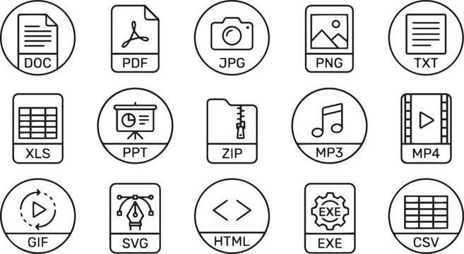 Set of hand drawn doodle file format icons representing various digital document and media file types isolated