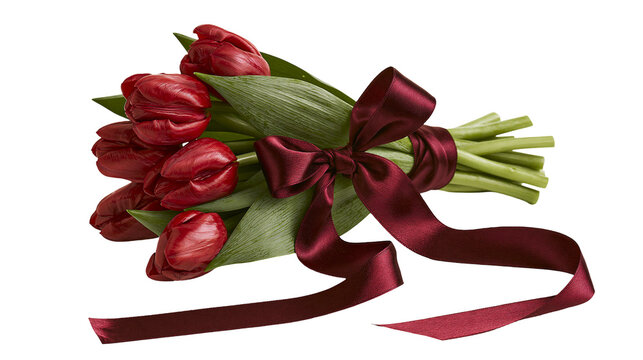 Red tulips bouquet with burgundy satin ribbon bow