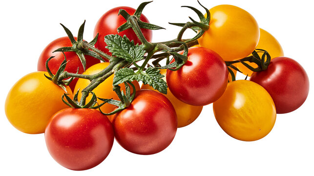 Red and yellow cherry tomatoes on vine with green leaves