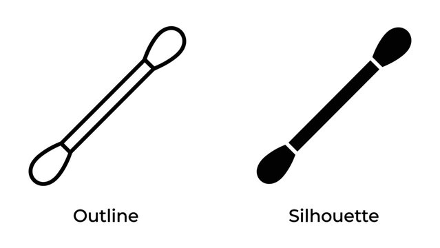 Cotton Swab Outline and Silhouette: A simple graphic illustrating a cotton swab in both outline and solid silhouette forms, demonstrating its basic shape and structure.