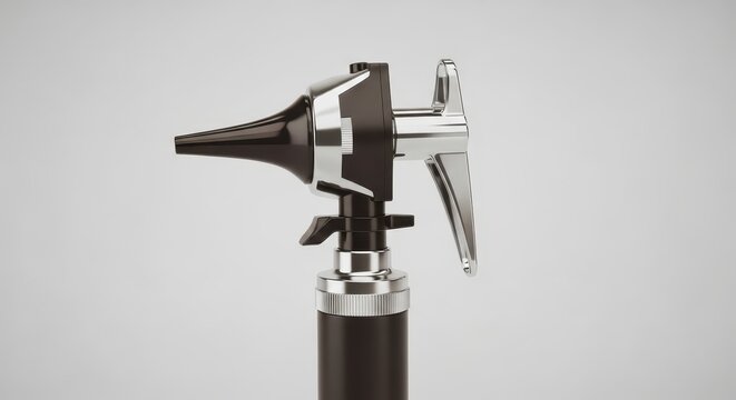 Close-up Professional Otoscope Medical Device for Ear Examination on a Plain Gray Background