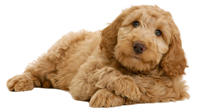 Golden doodle puppy lying down fluffy fur
