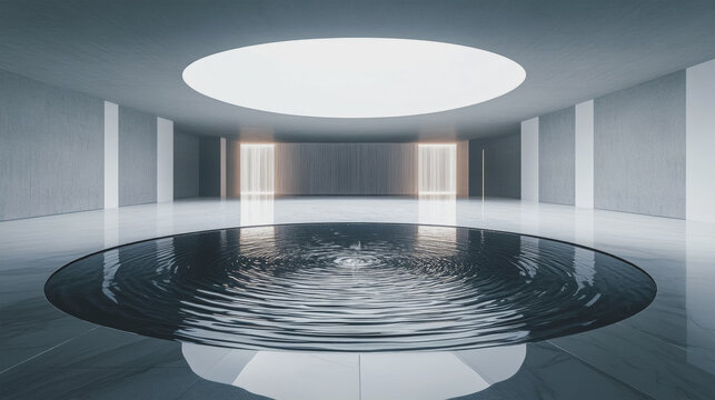 Minimalist modern interior architectural space with circular skylight and water pool