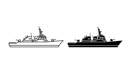 Warship Silhouette: A detailed silhouette of a modern warship is presented in both line art and solid black, showcasing its naval might and strategic presence on the water. © mdmv9
