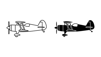 Biplane Icons: Two minimalist icons of a biplane, one a black silhouette and the other an outline, ready for travel or transport. © Mdd64