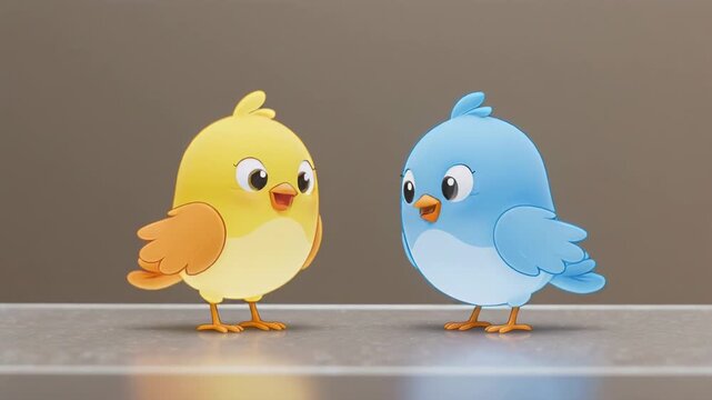 Two cute animated birds interacting in a gentle warm studio lighting with a soft background focus