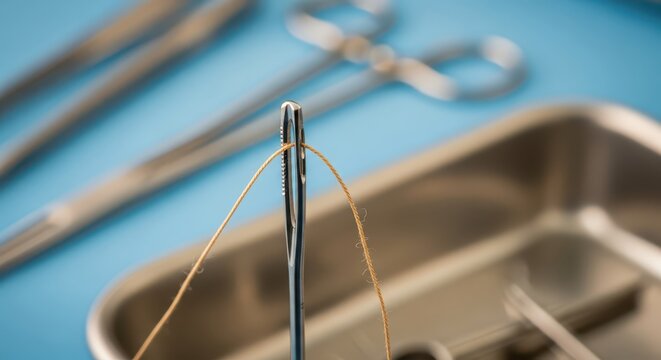 Close-up of surgical needle with thread and medical instruments in tray, sterile healthcare setting