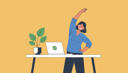 Fototapeta premium Active young woman does a side stretch exercise at her desk next to a laptop during a healthy break from working at home.