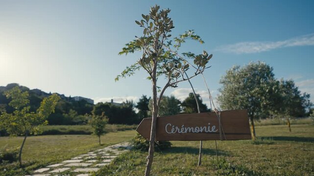 Wooden Wedding Ceremony Sign in Garden