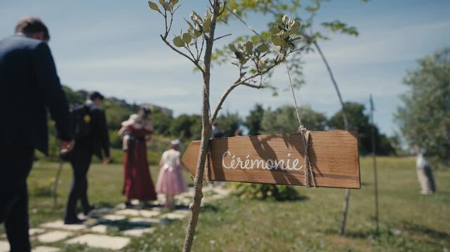 Wooden Wedding Ceremony Sign with Guests