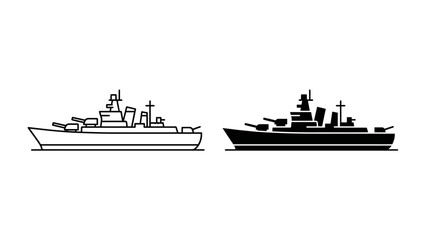 Warship Icon Set: A clear, modern icon set featuring two stylized warships in outline and silhouette, perfect for representing naval power or maritime transport. © Md
