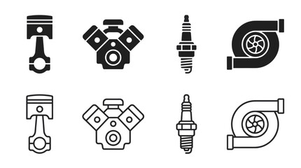Fototapeta premium Car Engine Parts Icon Set in Black Silhouette and Outline Style